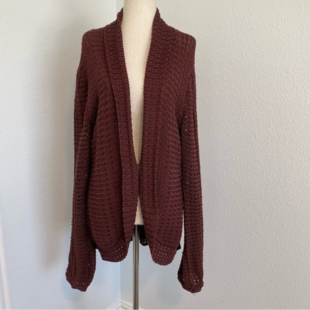 Joan Vass Burgundy Sweater Cape Kimono Front Closure Long Sleeve Basket Knit XL